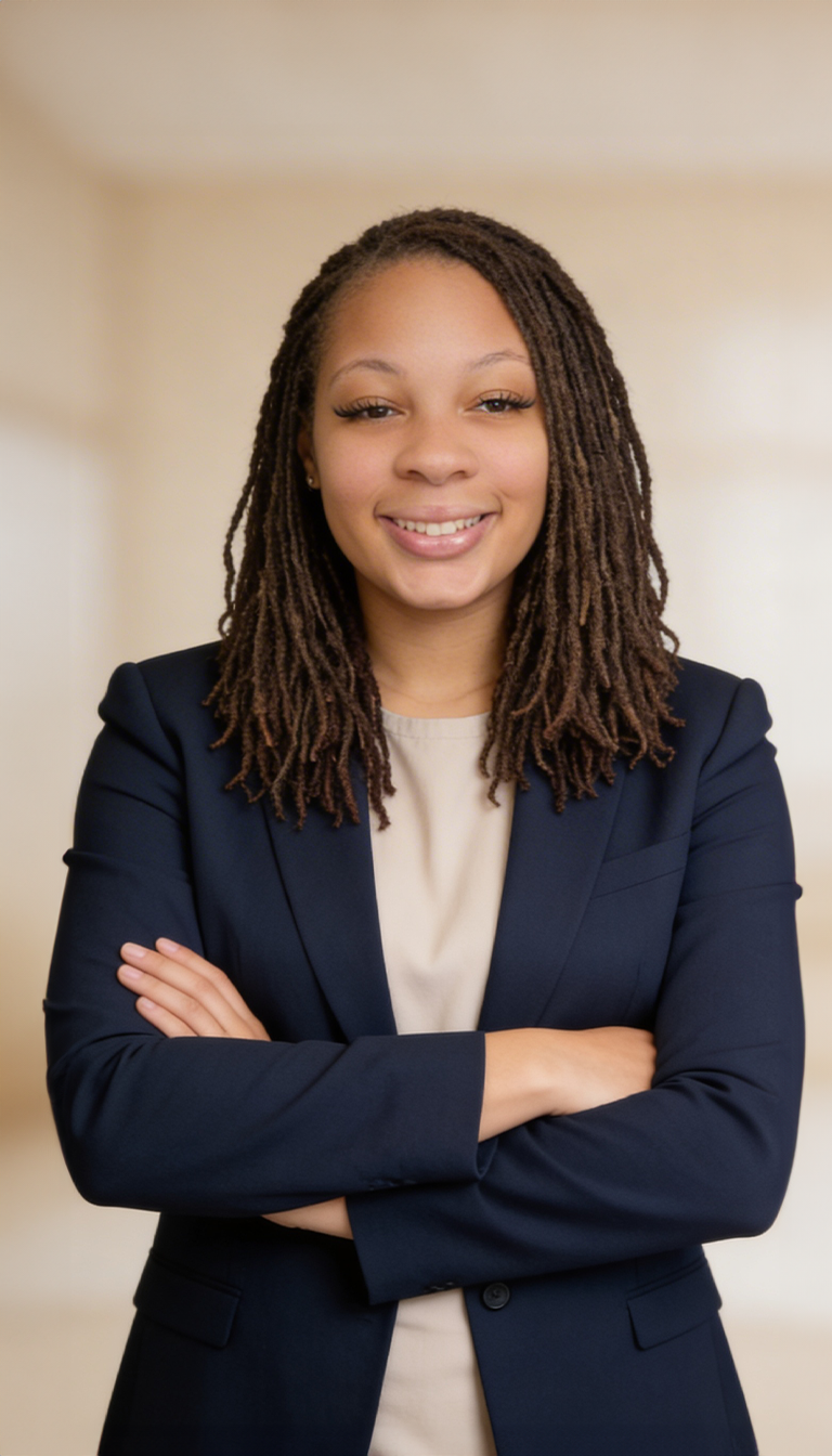 Smiling woman with long dreadlocks in a navy blazer standing with arms crossed indoors.