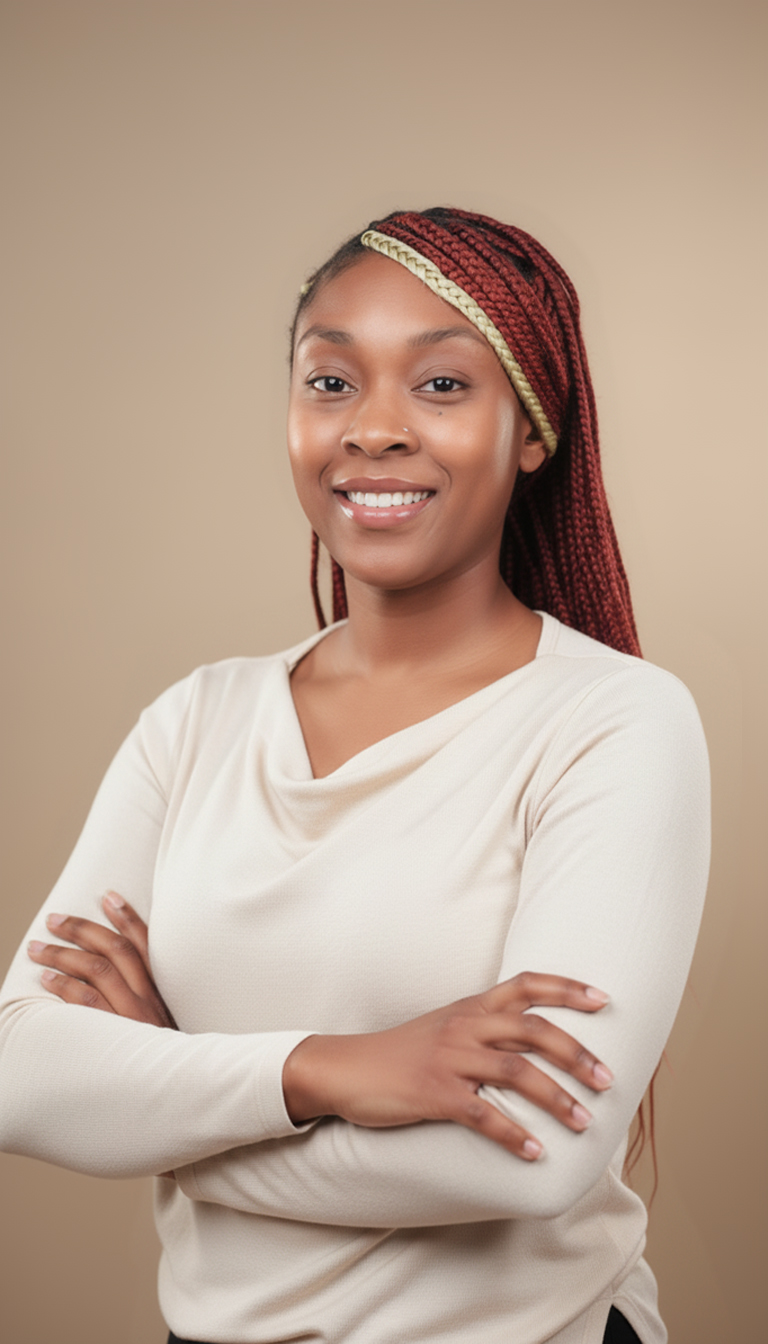 Smiling woman with red and blonde braids wearing a beige long-sleeve shirt, arms crossed.