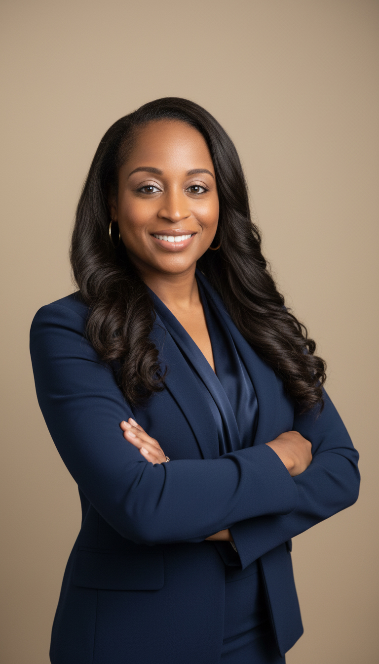 Confident woman with long curly hair in a navy blue suit, smiling with arms crossed.
