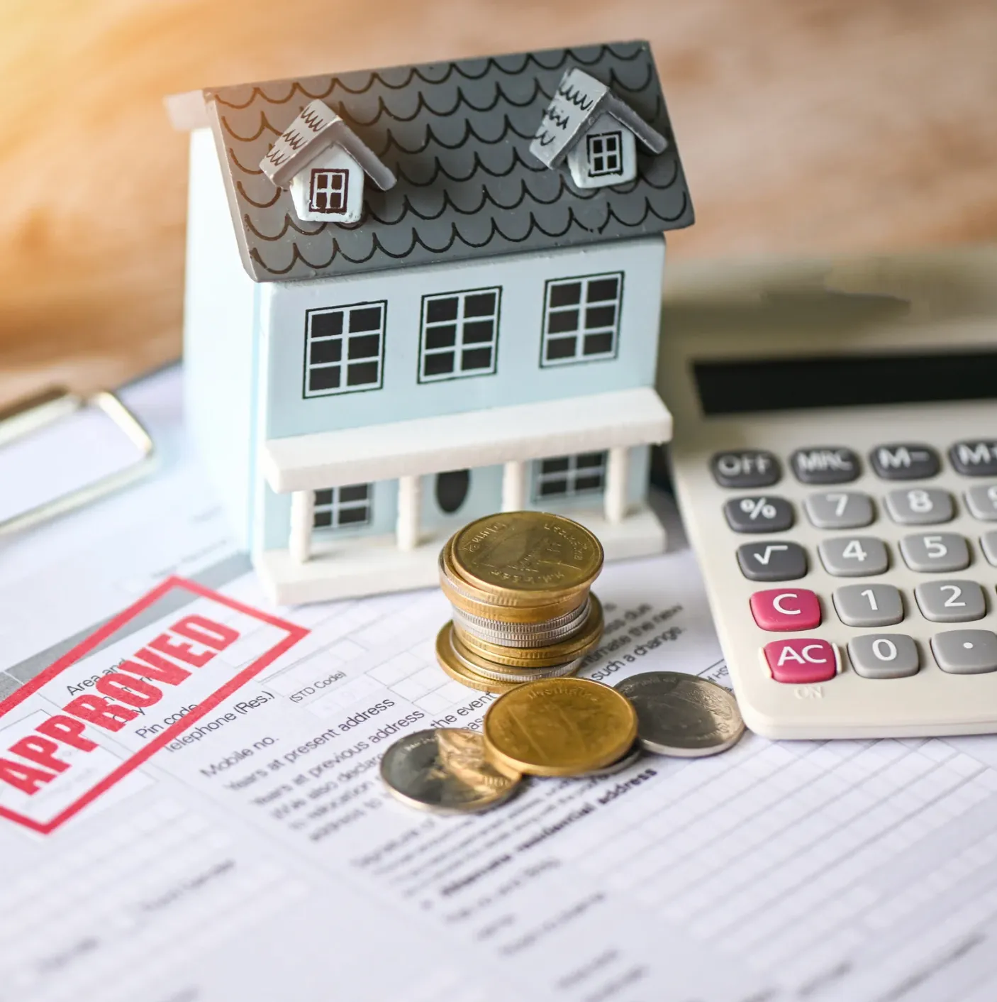 A single family home next to a loan application.