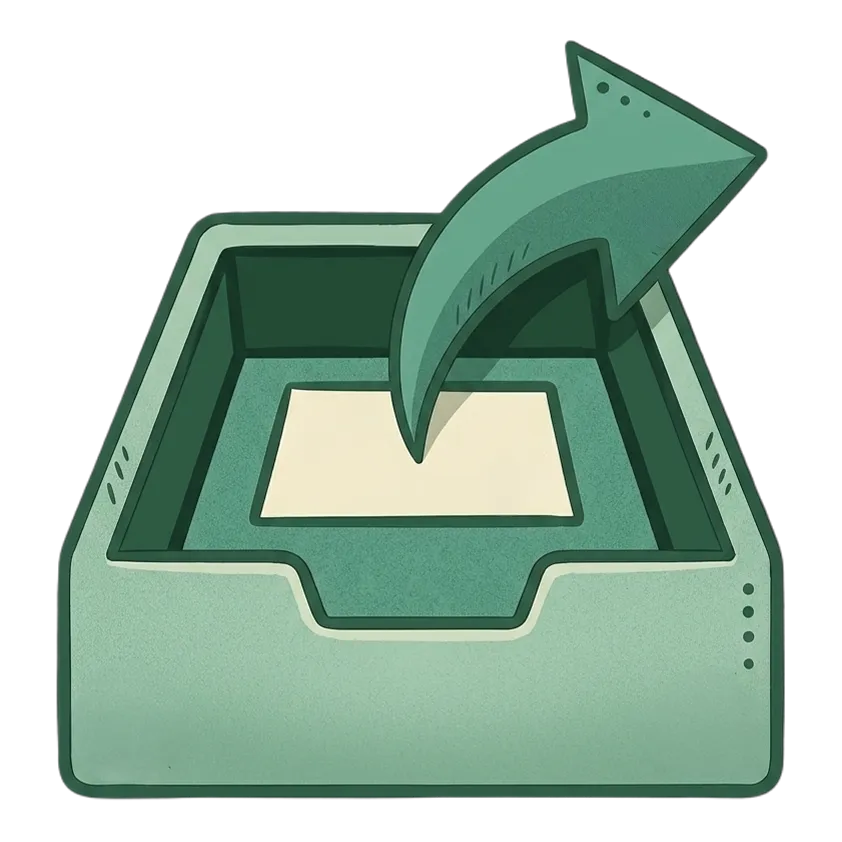 Green inbox tray with a paper and a large arrow pointing outwards.