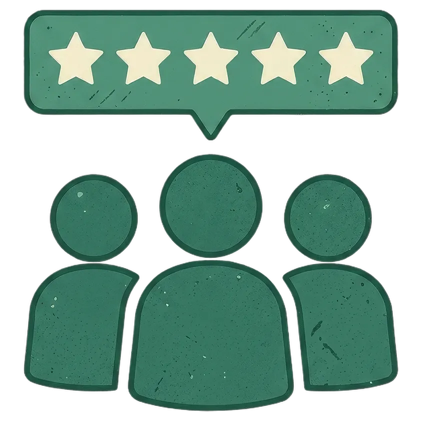 Three user icons below a speech bubble containing five stars representing high trust or top ratings.