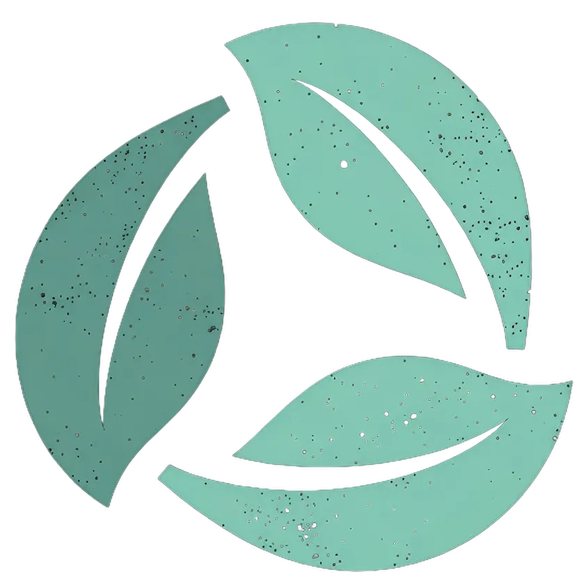 Three stylized green leaves forming a circular, eco-friendly symbol with black speckles on each leaf.