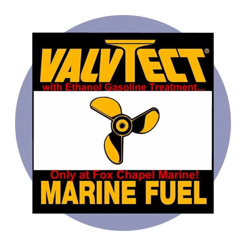 ValvTect marine fuel logo with ethanol gasoline treatment and propeller icon in yellow and black.