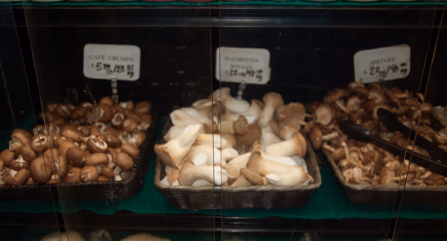 Picture of mushroom baskets at Atwater Market.