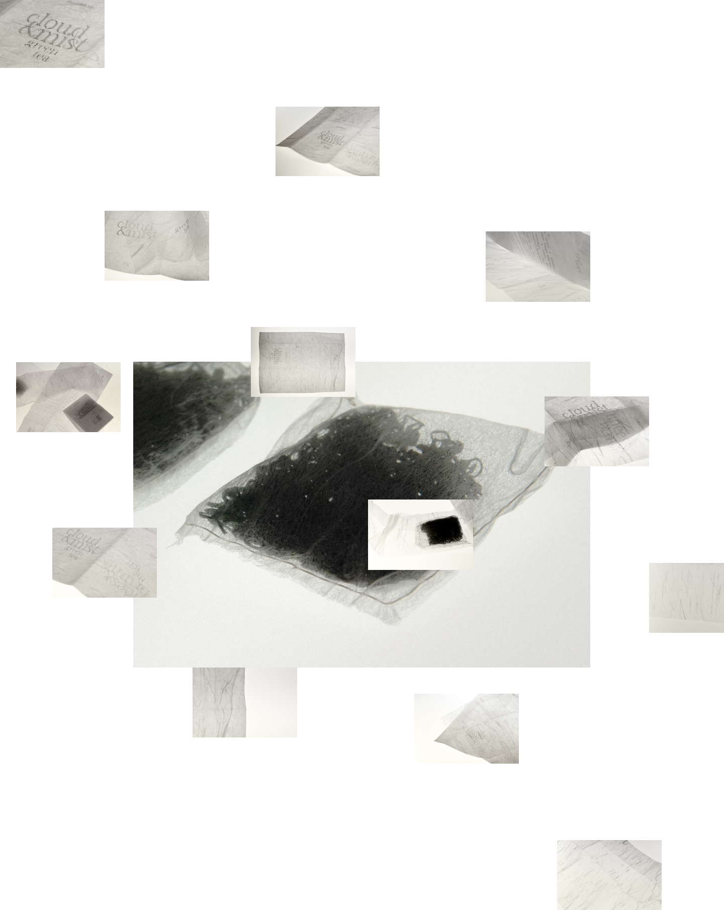 Collection of small-size photographs of the packaging in close-up views overlaid on top of a shot of the tea bags, sewn using the tissue-weight paper.