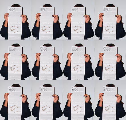 Tiled image of a person holding the front side of the accordion fold in front of their face.