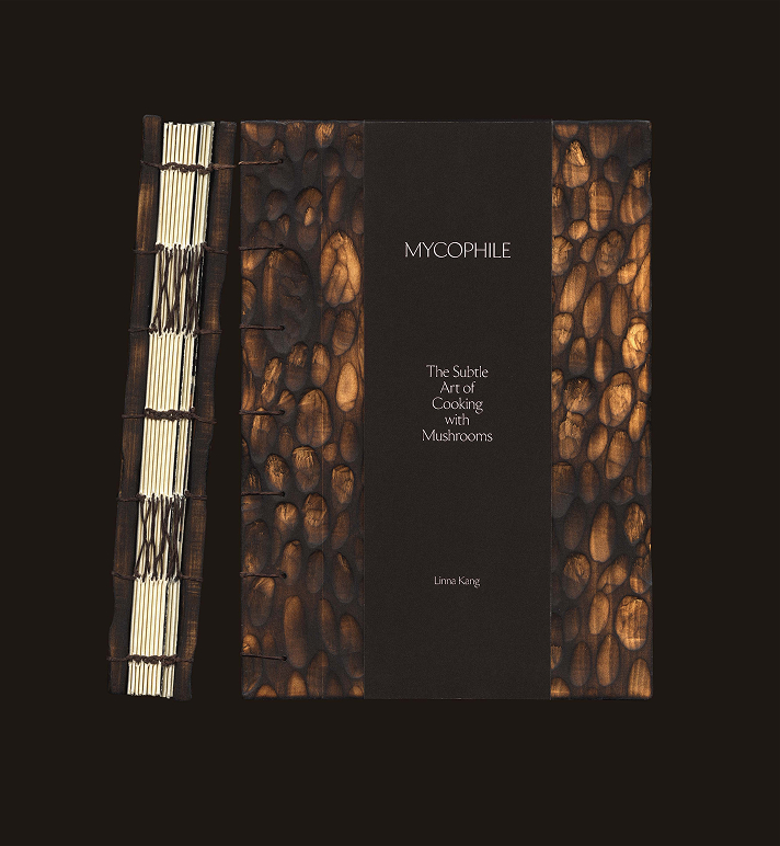 Scan of the mycophile cookbook's cover and spine.