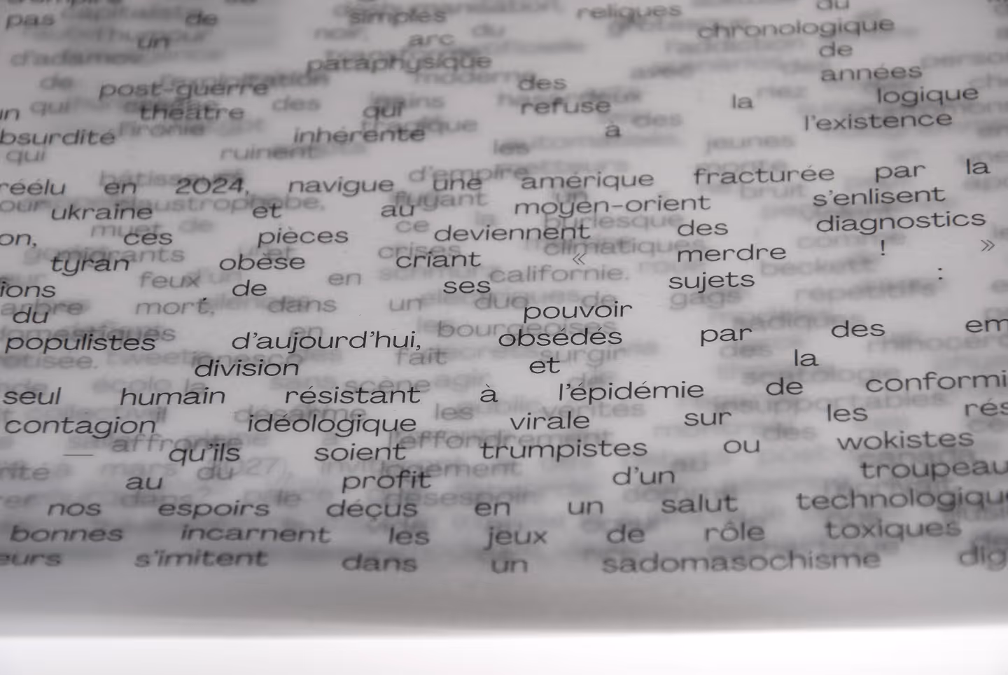 Close-up shot of the premium book, showcasing the overlap of typography that creates an absurd mess of words and information.