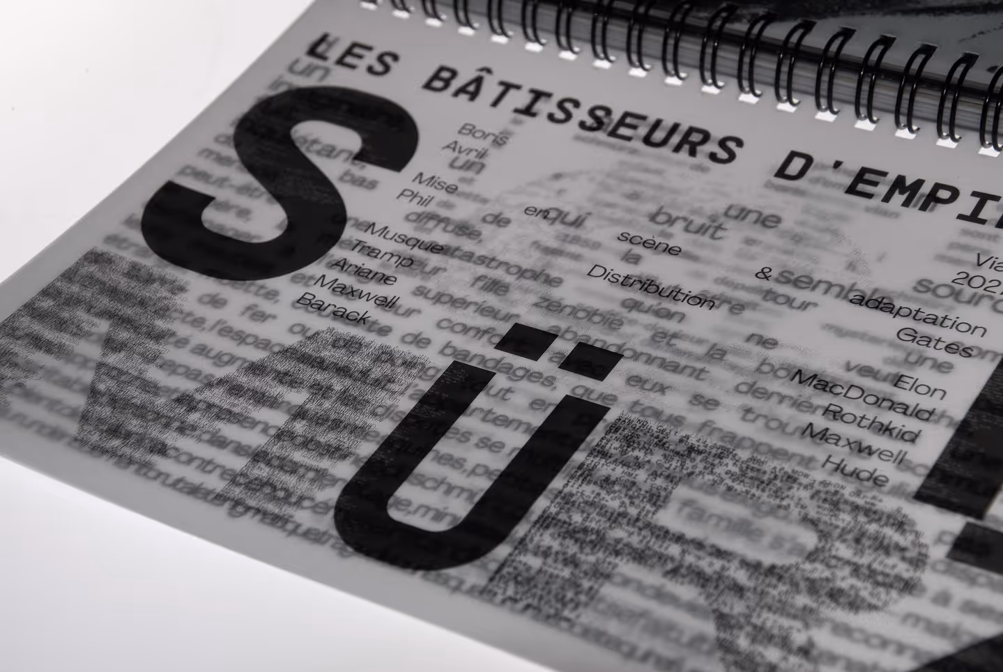 Detail shot of one of the title pages for the play, ''Les bâtisseurs d'empire ou le Schmürz.'' Features a mishmash of different typefaces contributing to the chaotic overlay of typographic textures.