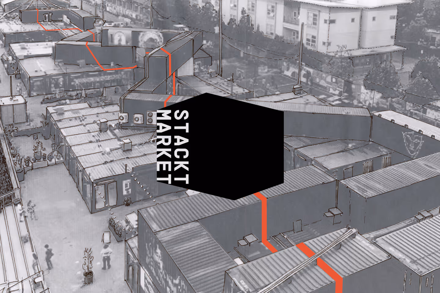 Stackt logo overlaid on top of a wayfinding image from the market.