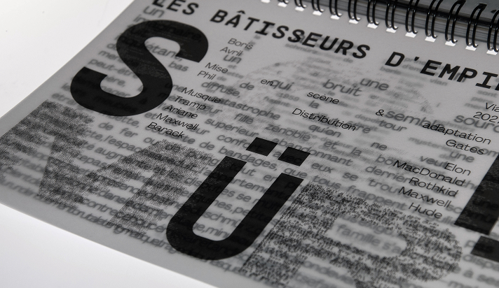 Detail shot of one of the title pages for the play, ''Les bâtisseurs d'empire ou le Schmürz.'' Features a mishmash of different typefaces contributing to the chaotic overlay of typographic textures.
