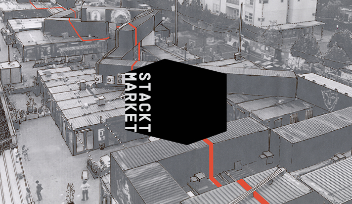 Stackt market logo overlaid on top of a wayfinding image from the market.