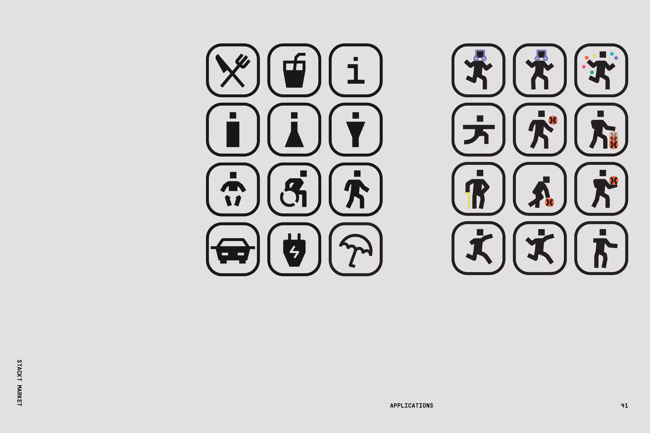 Iconography system based on the primary typography, using angular styling with a couple softened curves.