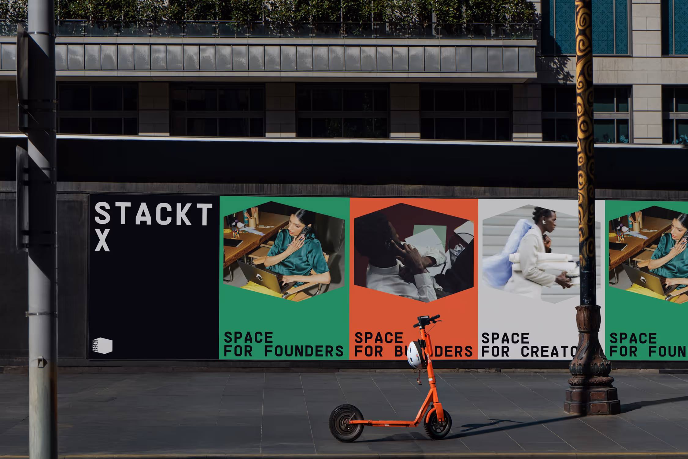 Stacktx marketing campaign using adapting its original tagline to create a series of ads; Space for you turned into Space for founders, for builders and for creators.