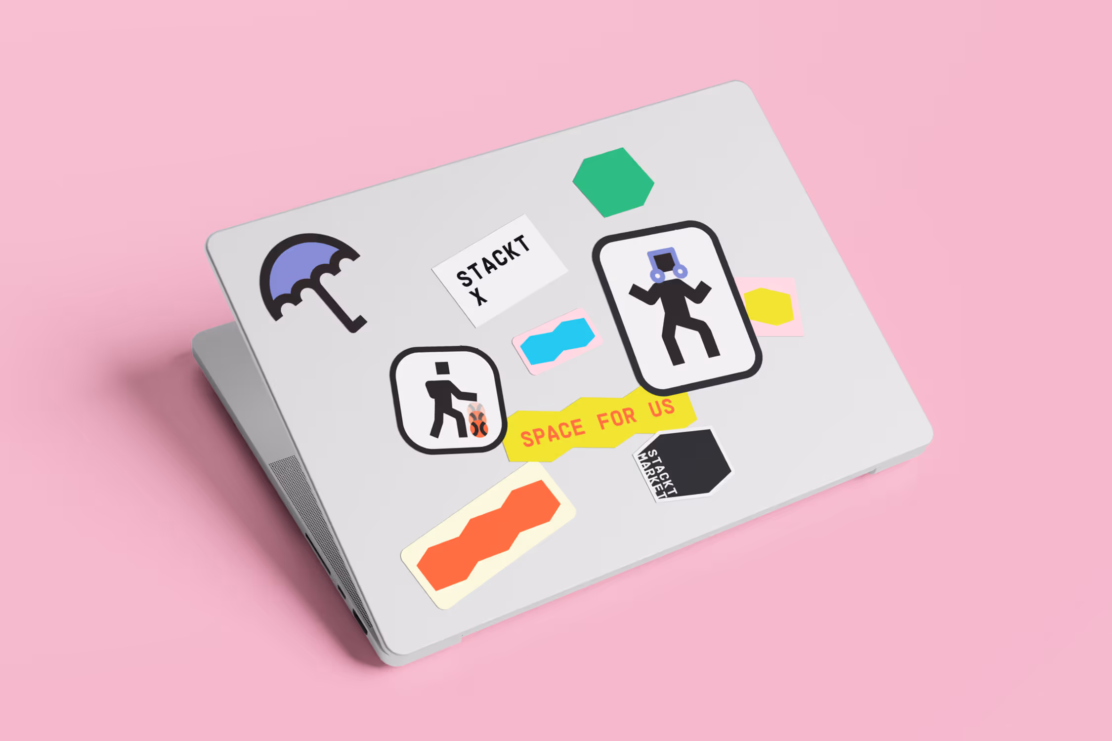 Brand stickers on the back of a laptop.