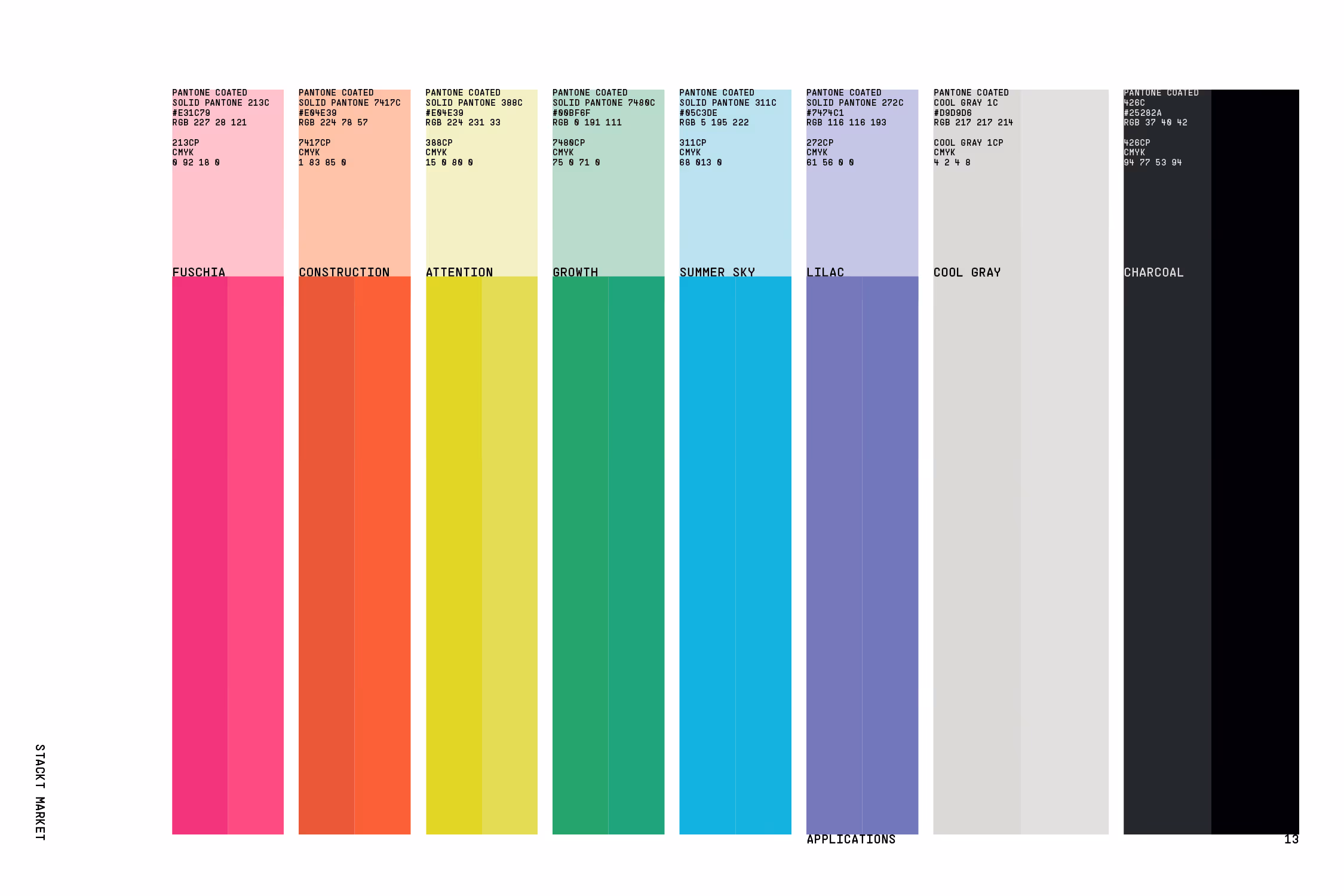 Stackt market color palette; fuschia pink, construction orange, attention yellow, green growth, summer sky blue, lilac, cool gray and charcoal.