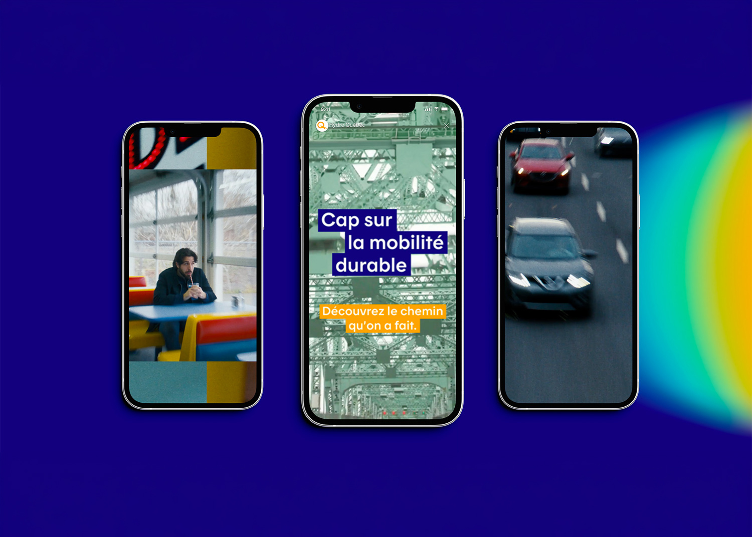 Campagne Énergie en commun d'Hydro-Québec présentée sur trois écrans de téléphone