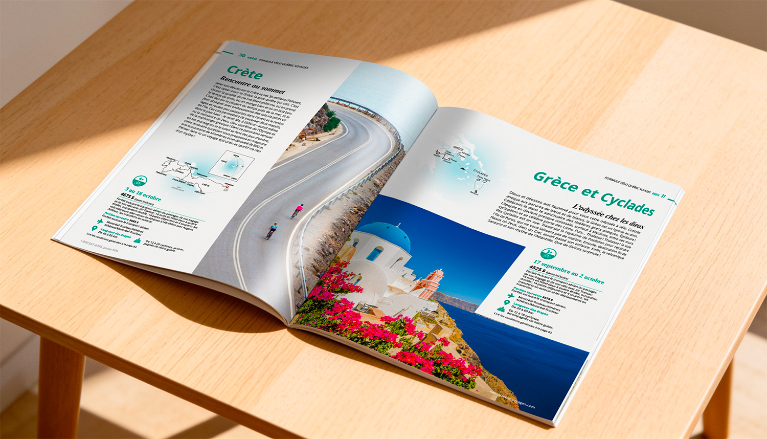 Pages intérieures de la brochure Vélo Québec Voyages