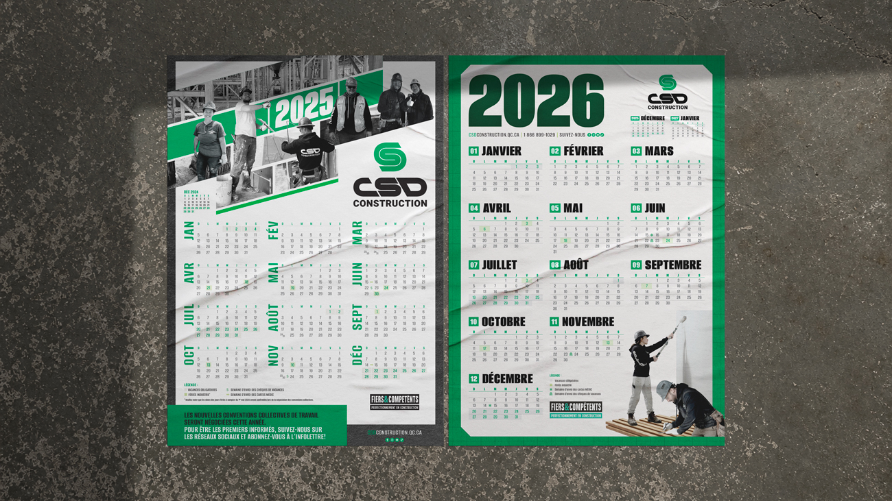 Calendriers muraux 2025 et 2026 de CSD Construction