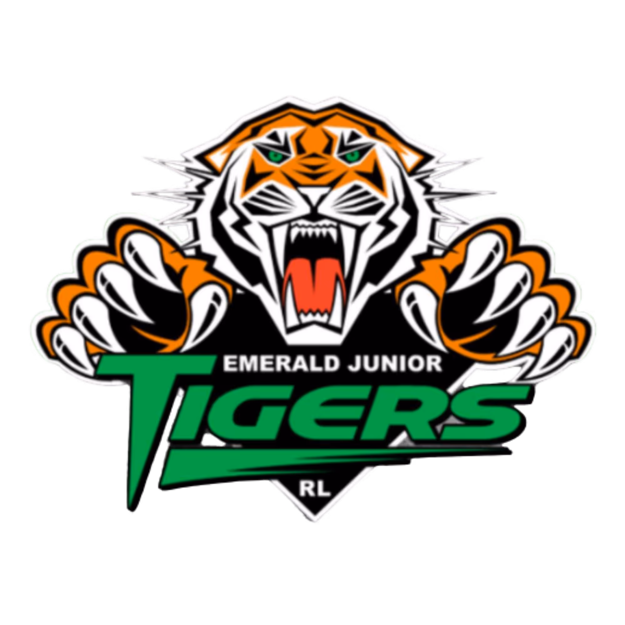 Roaring tiger with claws out above green text reading Emerald Junior Tigers RL.