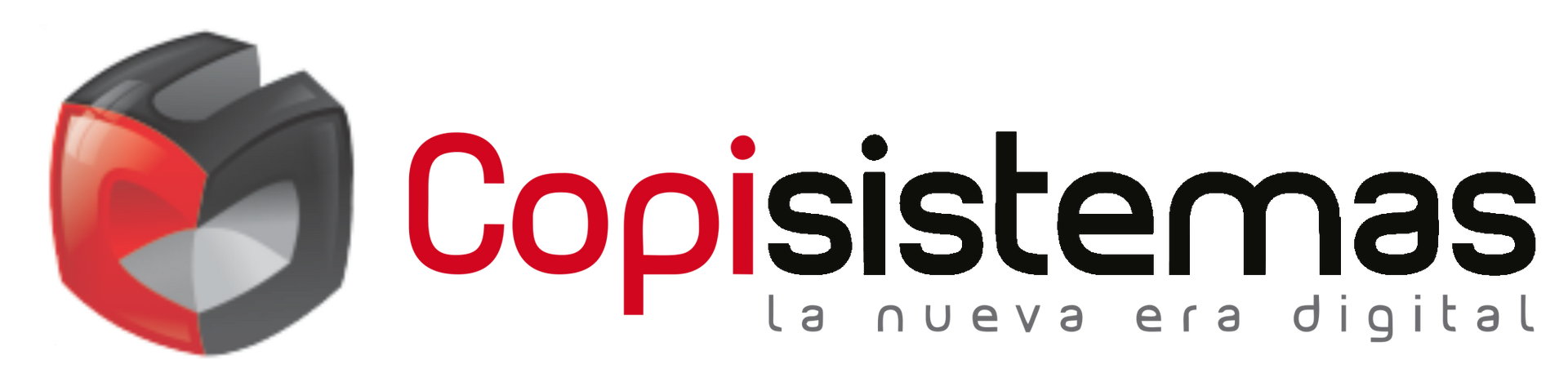 Logotipo de Copisistemas con un diseño geométrico rojo y gris y el lema la nueva era digital.