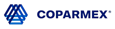 Logotipo de COPARMEX con un símbolo geométrico azul a la izquierda del texto.