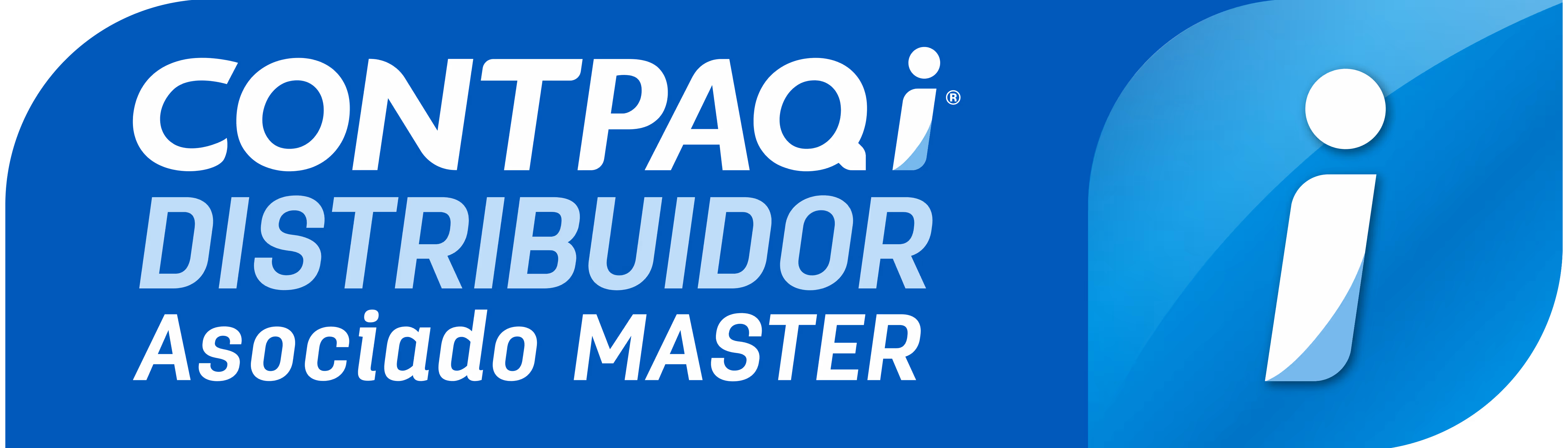 Logotipo de CONTPAQi Distribuidor Asociado MASTER en fondo azul con símbolo blanco a la derecha.