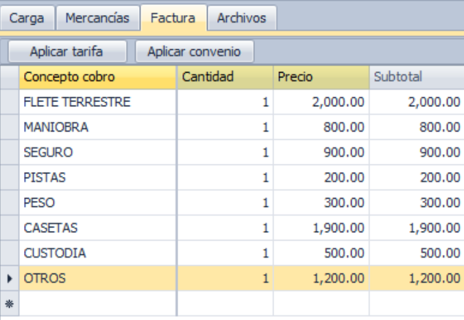 Tabla de factura con conceptos de cobro y precios, incluyendo flete, maniobra, seguro, y otros cargos.