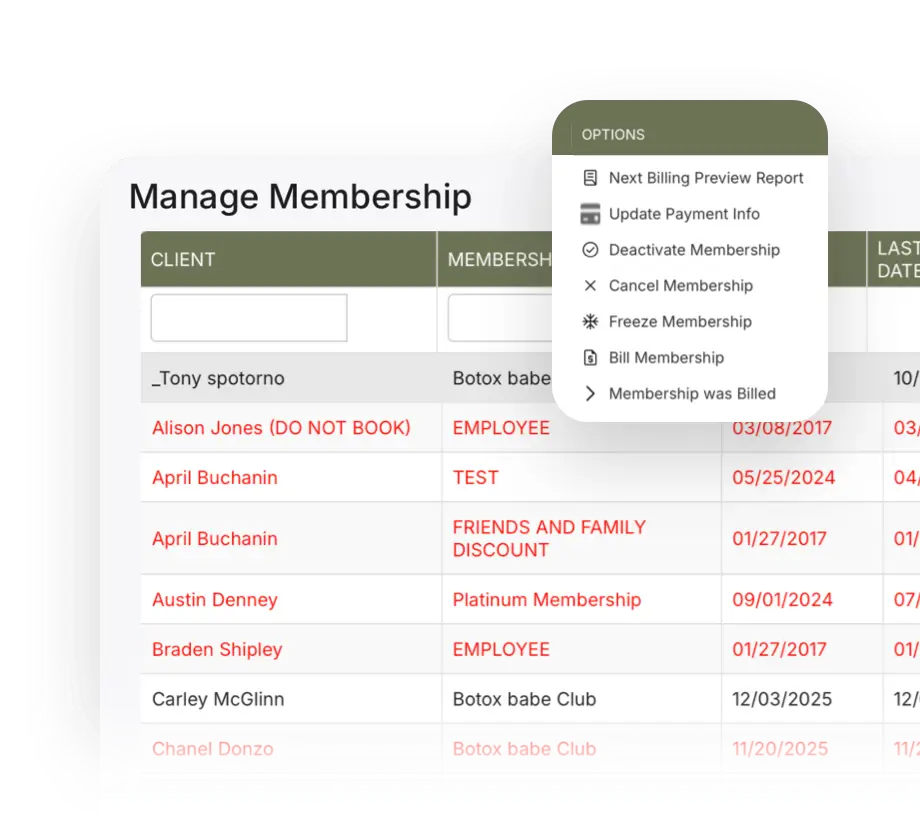 Manage membership screen with recurring billing controls for each client
