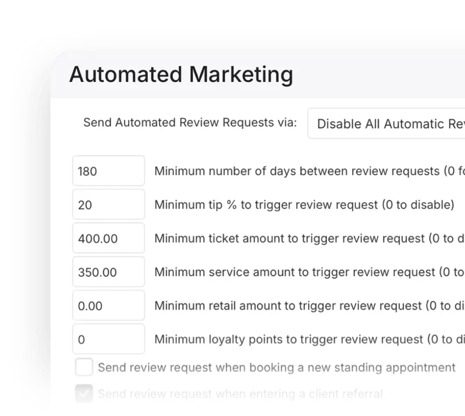 Automated review request settings with thresholds for sending requests