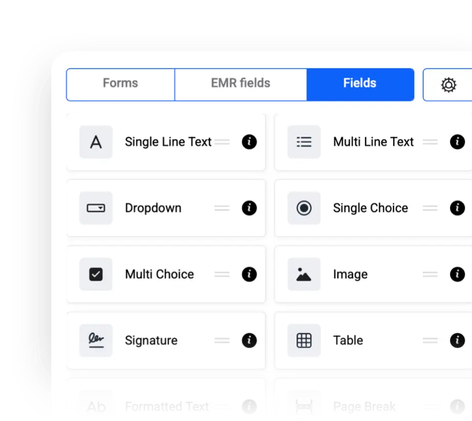 Intake form builder with field types like text, dropdown, and signature