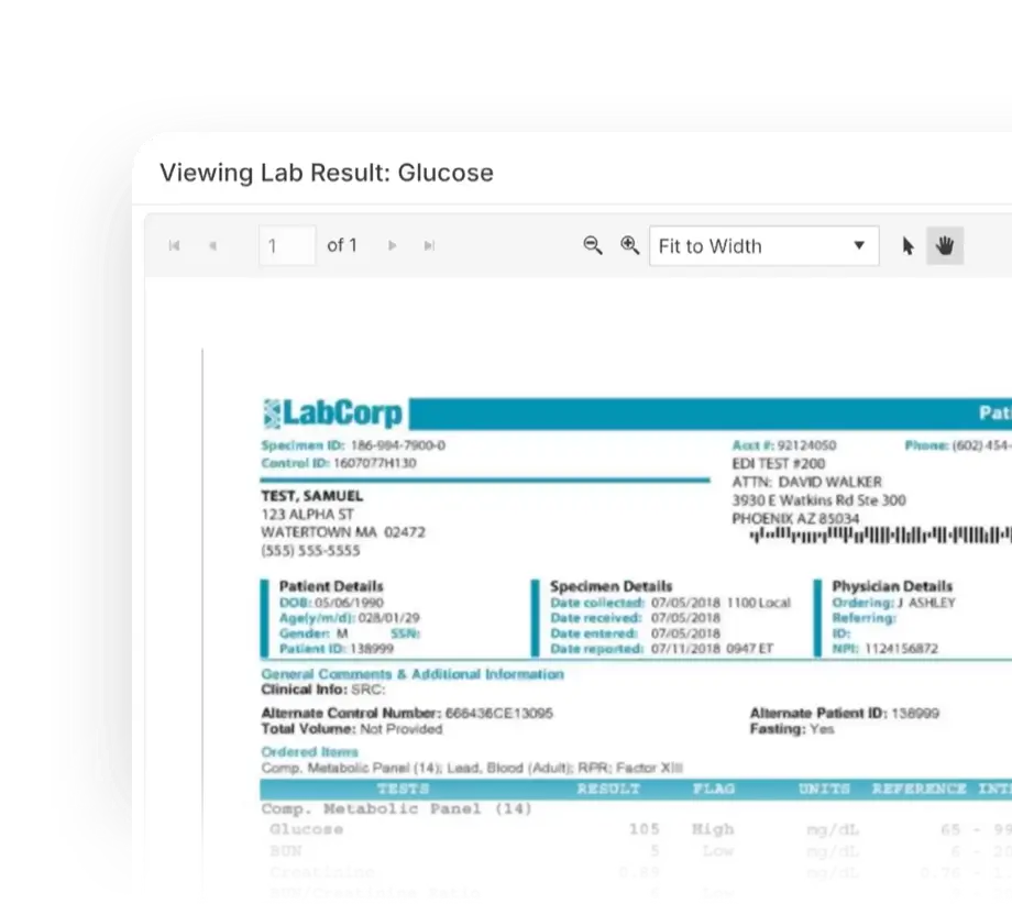 Glucose lab result displayed inside the patient chart