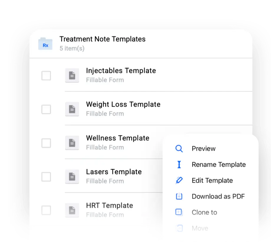 List of treatment note templates for injectables, weight loss, and lasers