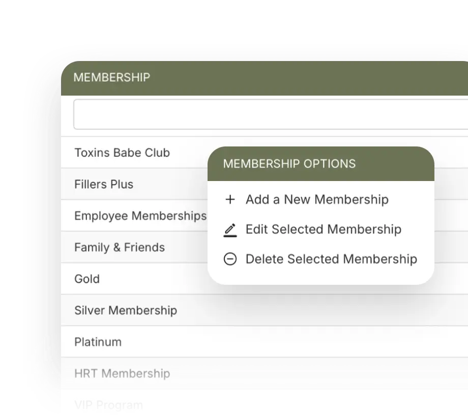 List of membership plans with options to add, edit, or remove