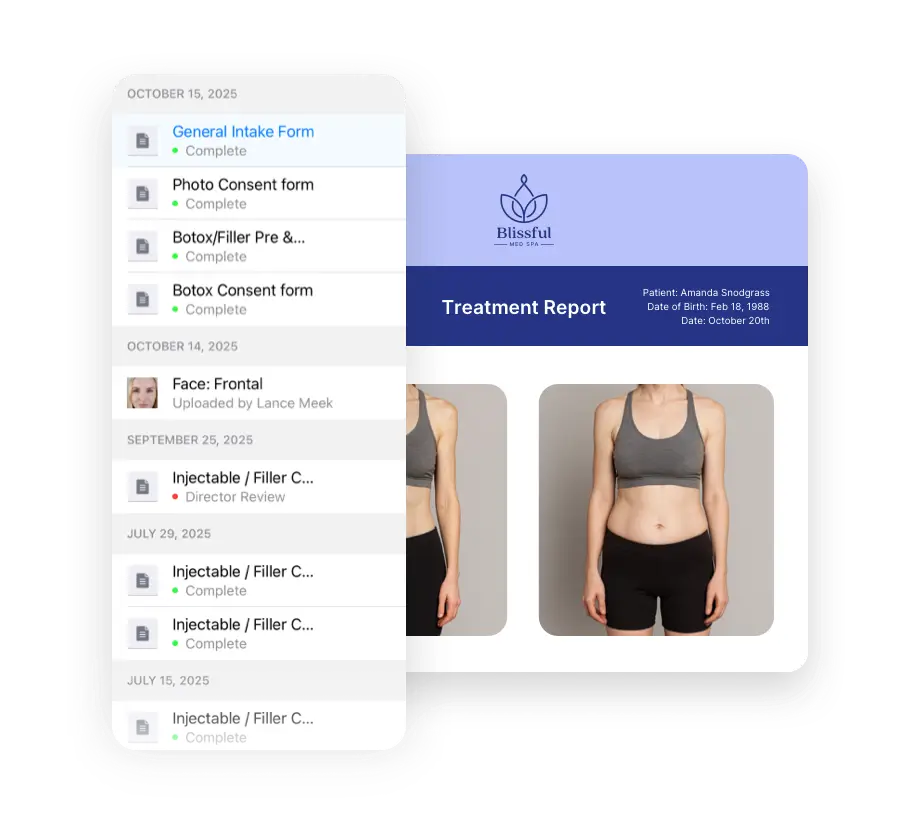 Side by side before and after patient photos in a treatment report