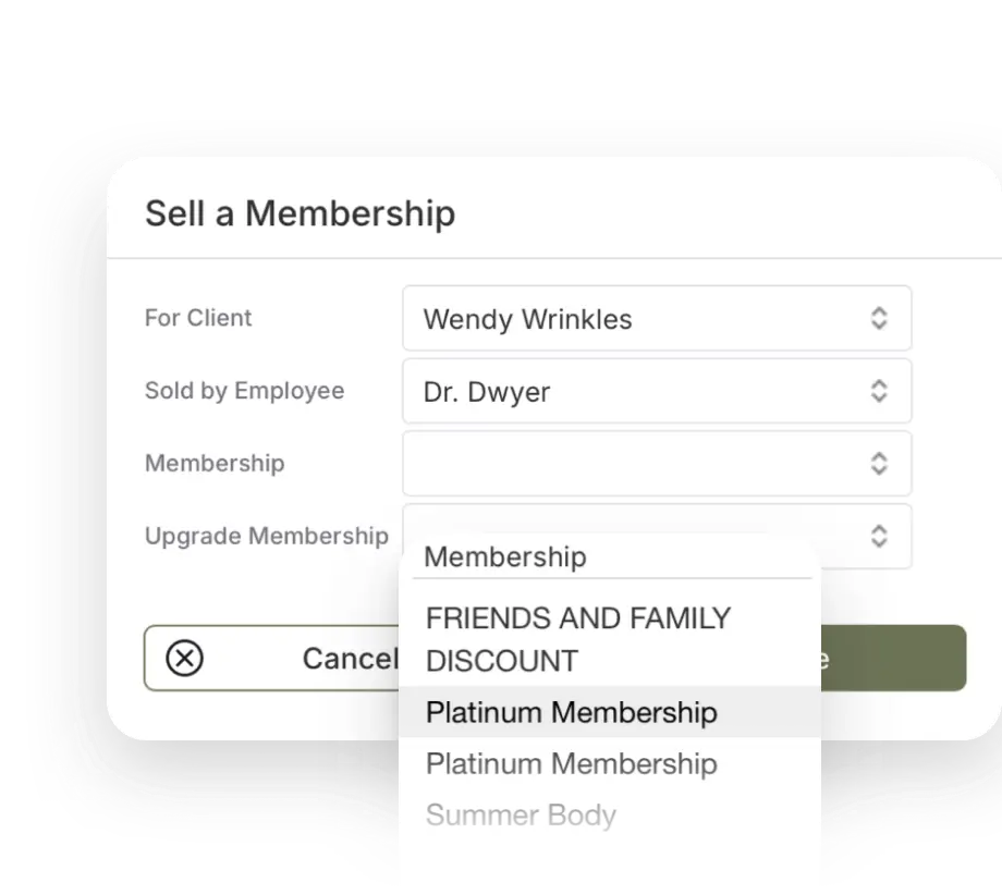 Sell a membership screen with client, provider, and plan selection fields