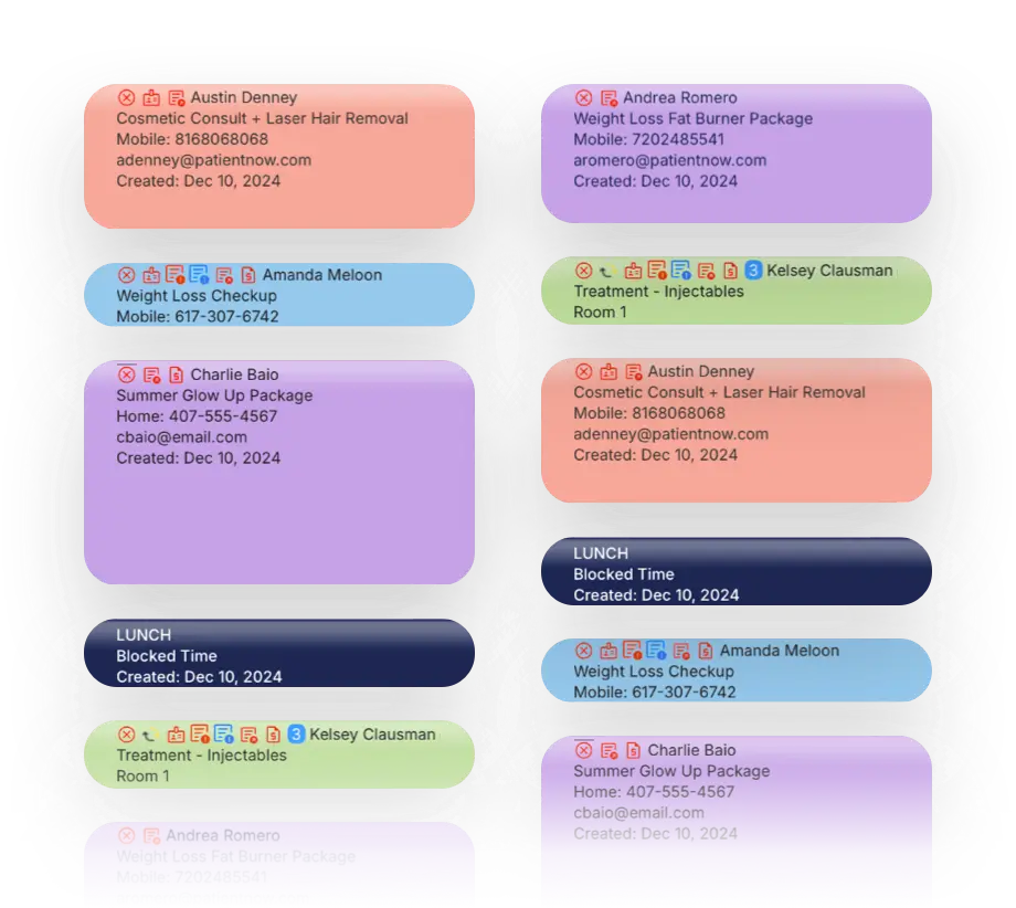 Practice calendar with color-coded appointments booked across multiple providers
