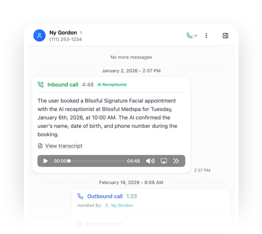 Unified inbox combining calls, texts, and web chat for each patient