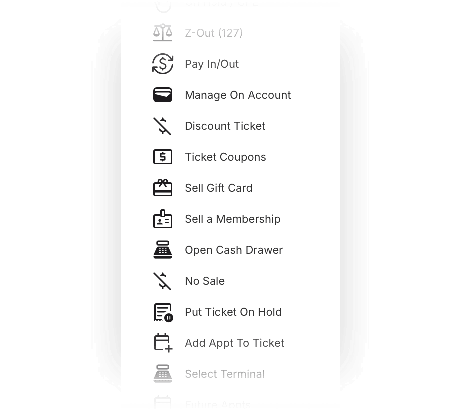 Point of sale menu with on-account management and payment actions