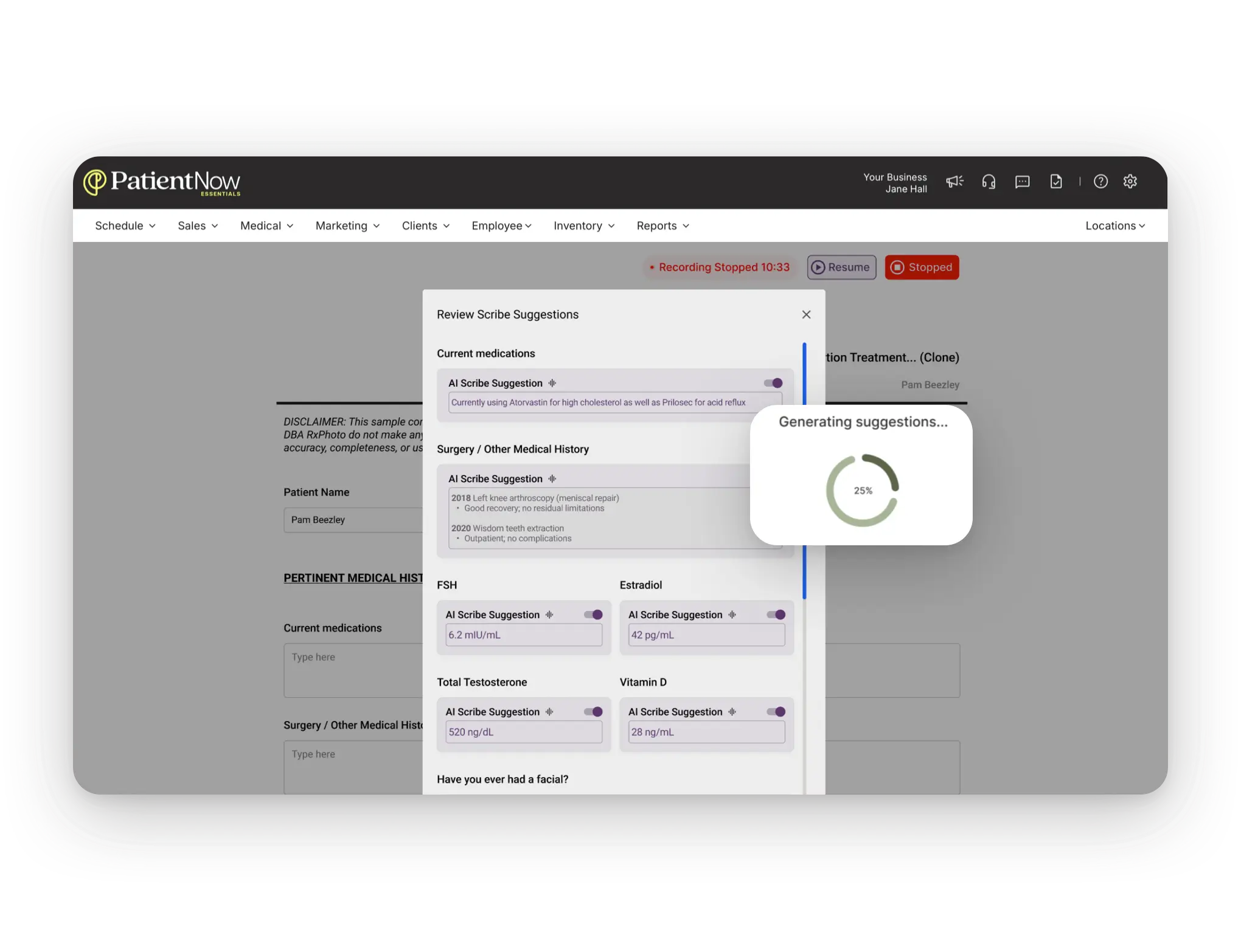 AI Scribe drafting a structured visit note for provider review