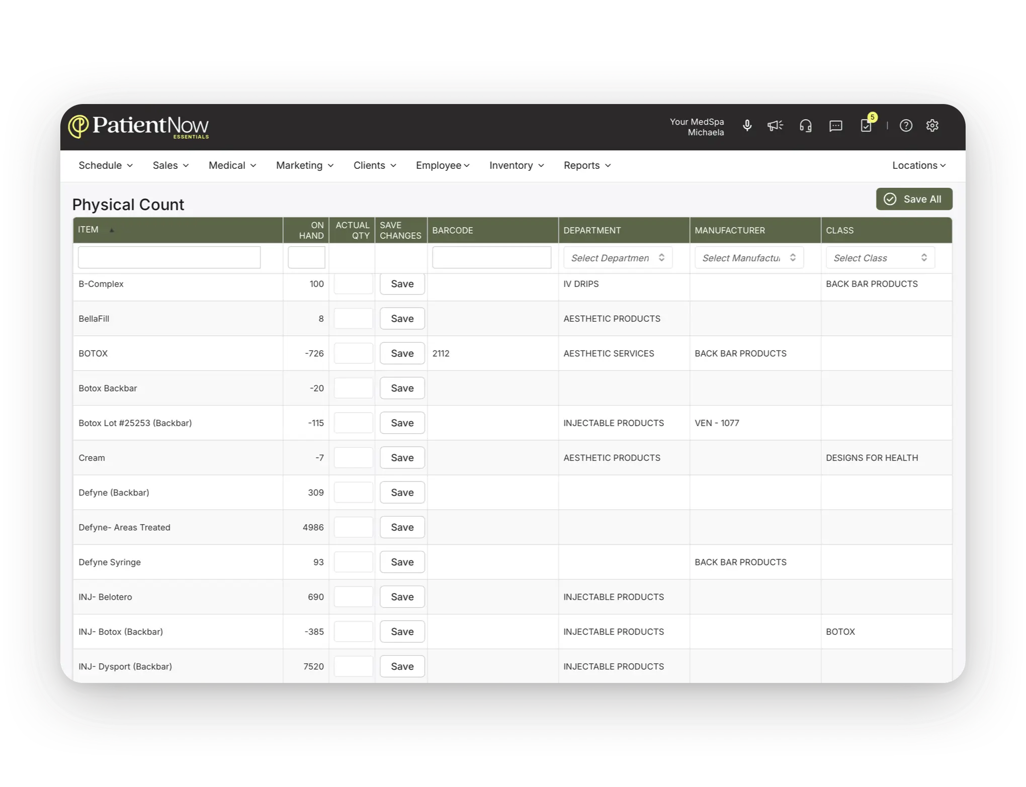 Inventory tracked to treatment with low-stock visibility and reorders
