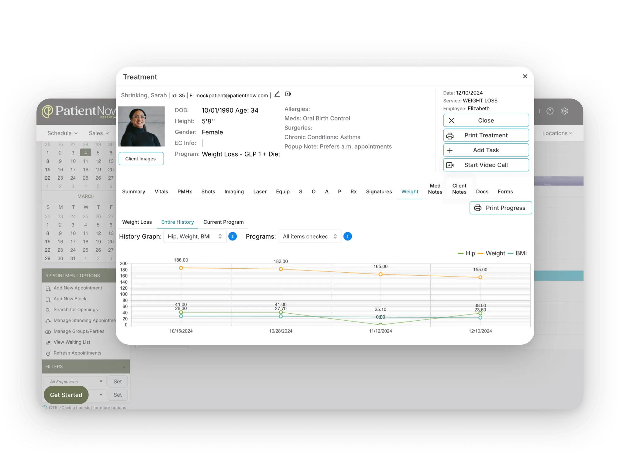 Patient progress dashboard tracking weight, body fat, and vitals over time