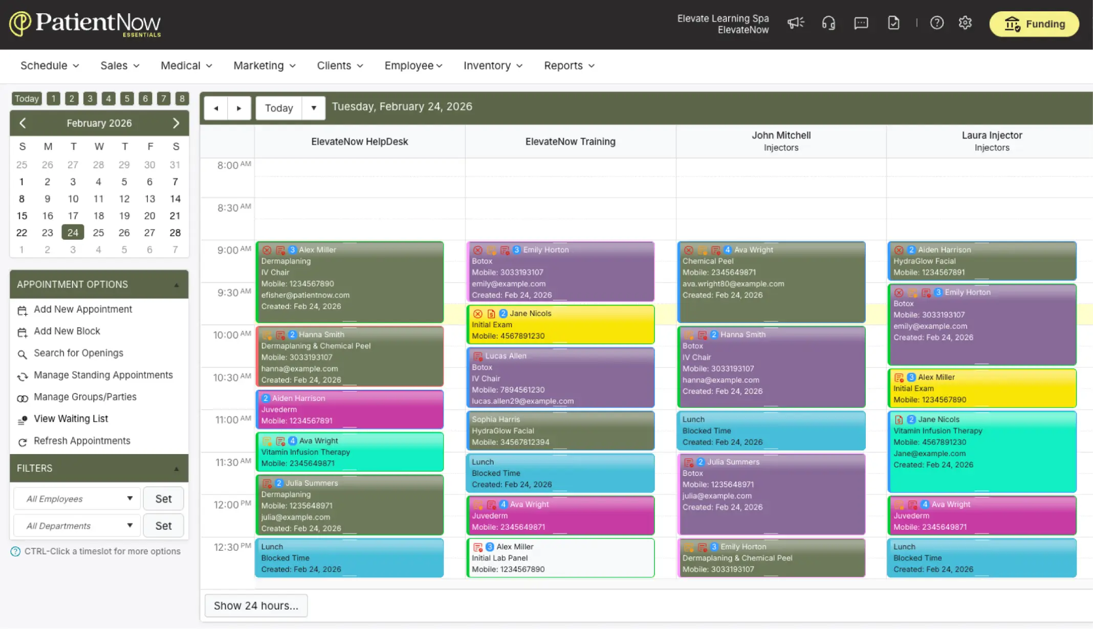 PatientNow appointment scheduling dashboard displaying provider calendars, daily appointments, availability, and scheduling options.