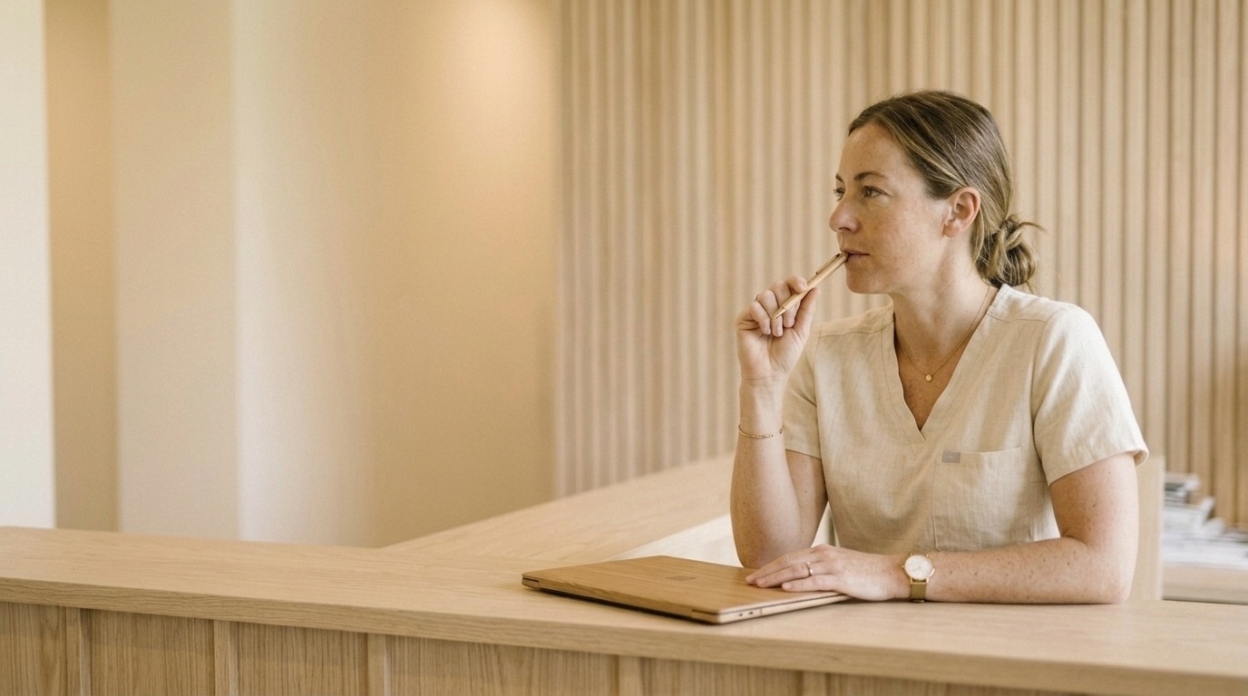 A practice manager at a warm wood counter, pen to her lips mid-thought, one hand resting on a closed laptop.