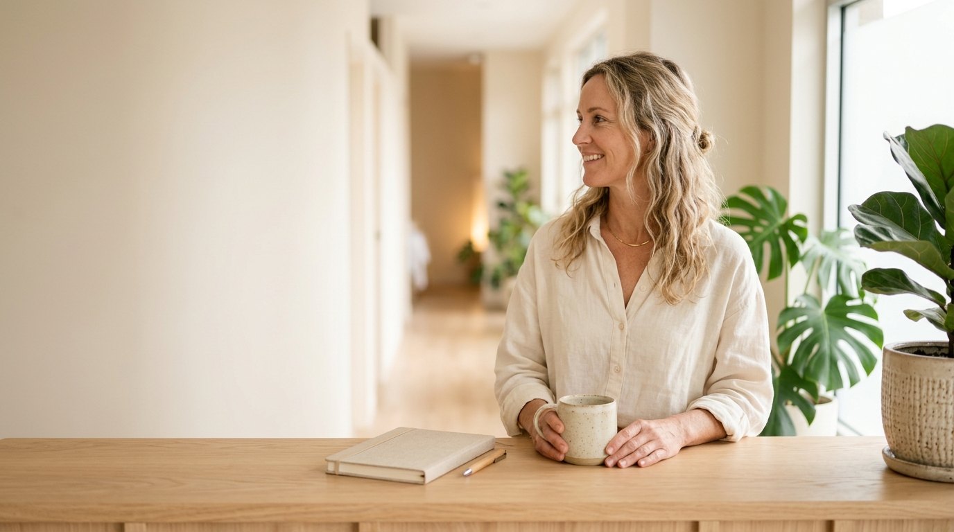 A wellness center manager at a pale-wood front desk holding a stoneware mug, looking down a bright corridor with plants softly out of focus.