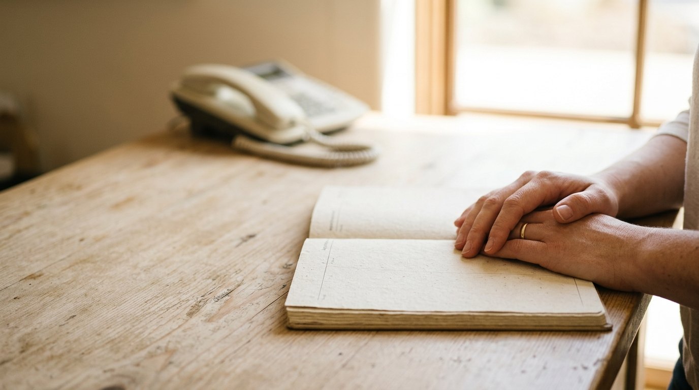 Hands resting on an open paper appointment book on a warm wood counter, a desk phone softly blurred behind.