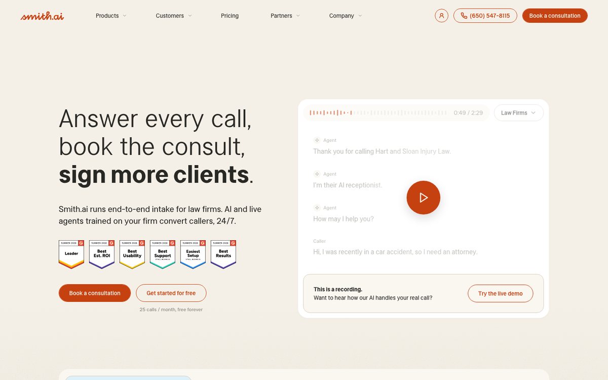 Smith.ai homepage, captured 2026-09-10
