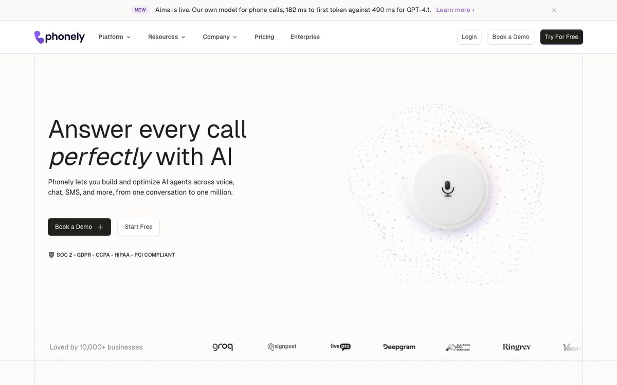 Phonely AI homepage, captured 2026-09-10