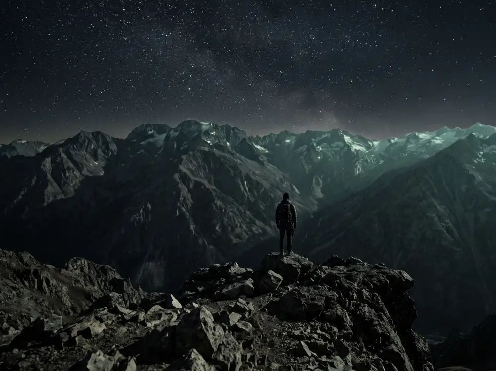 A lone figure standing on a mountain summit beneath a night sky